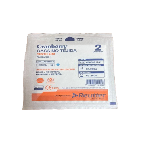 Gasa no tejida esteril 10x10cm 2 unidades por sobre 4 pliegues cranberry